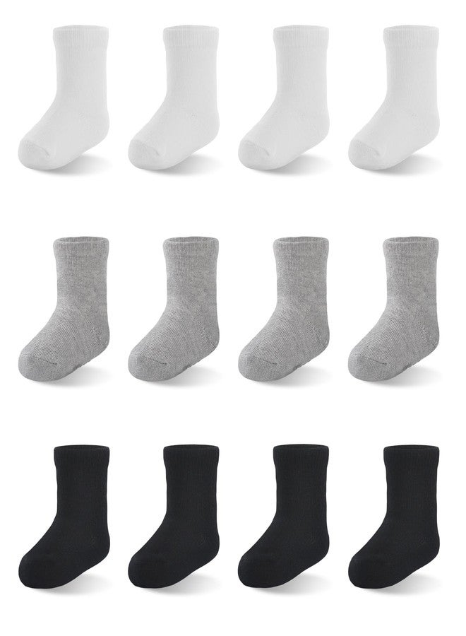 EPEIUS Unisex Baby Crew Socks with Non Slip Infant Boys Girls Dress Socks Cotton Booties 3-6 Months Black White Grey 12 Pack