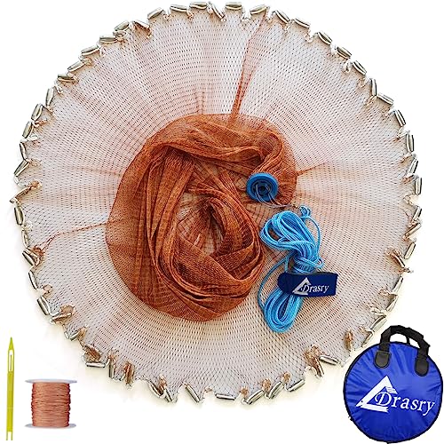 Drasry Saltwater American Fishing Cast Net 3/8inch Mesh Size for Bait Shrimp Trap Fish Heavy Duty Sinkers Throw Net 3FT to 12FT Radius Tire Lines 4FT Radius - Image 1