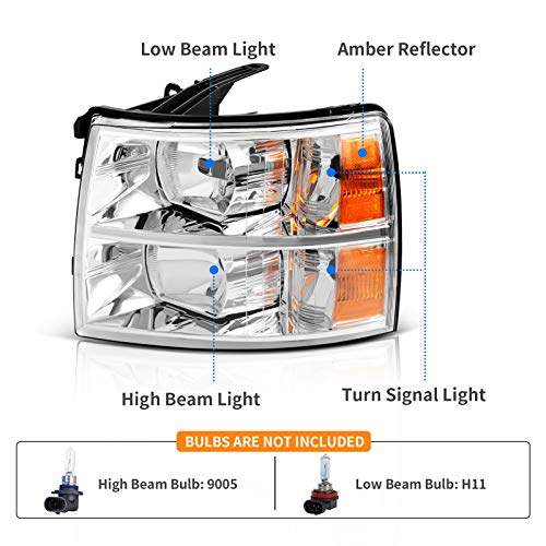DWVO Headlights Assembly Compatible with 2007-2013 Chevy Silverado 1500/2007-2014 Chevrolet Silverado 2500HD 3500HD Replacement Headlamp Chrome Housing Amber Reflector - Image 2