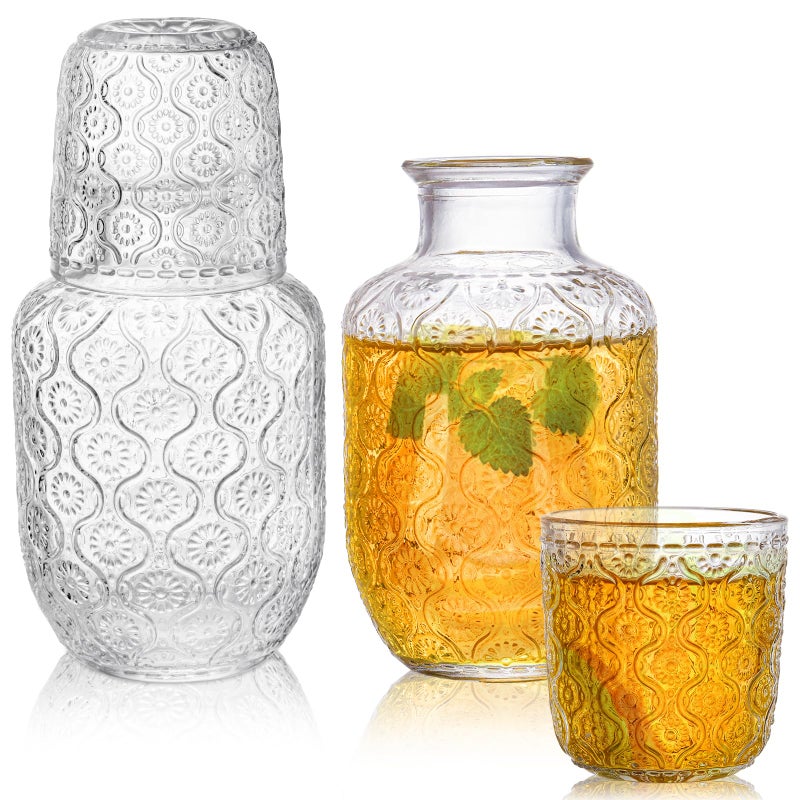 AVLA 4 Pcs Bedside Water Carafe and Glass Tumblers 20 OZ Clear Nightstand Pitcher with 5 OZ Cup Set Glass Mouthwash Decanter Vintage Elegant Glassware for Juice Kitchen Bedroom Bar Bathroom