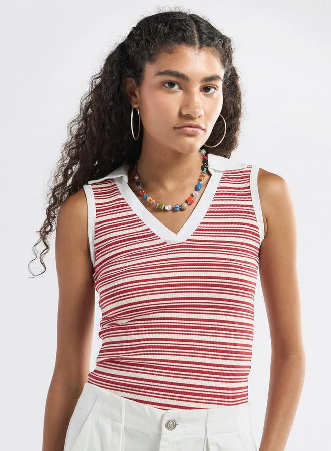 Splash FAV Striped Collared Sleeveless Top