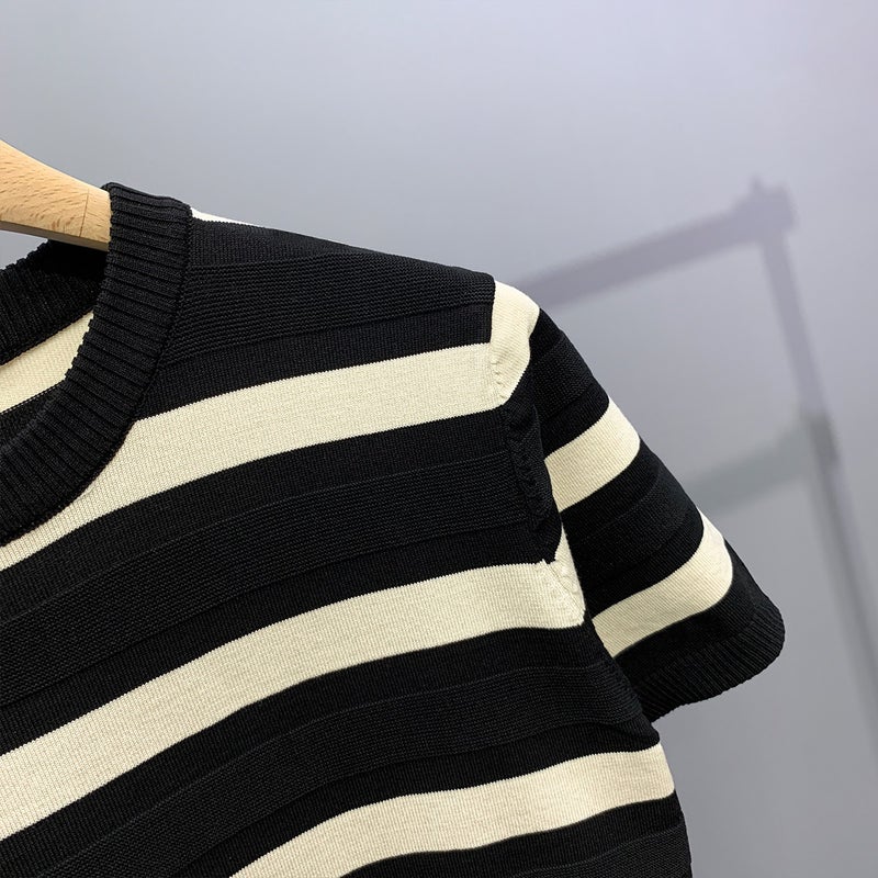 Black And White Striped Knitted Short-Sleeved Men'S Round Neck Summer Fashionable Trendy Fat Handsome Ice Silk T-Shirt Men'S Half-Sleeved T-Shirt - Image 4