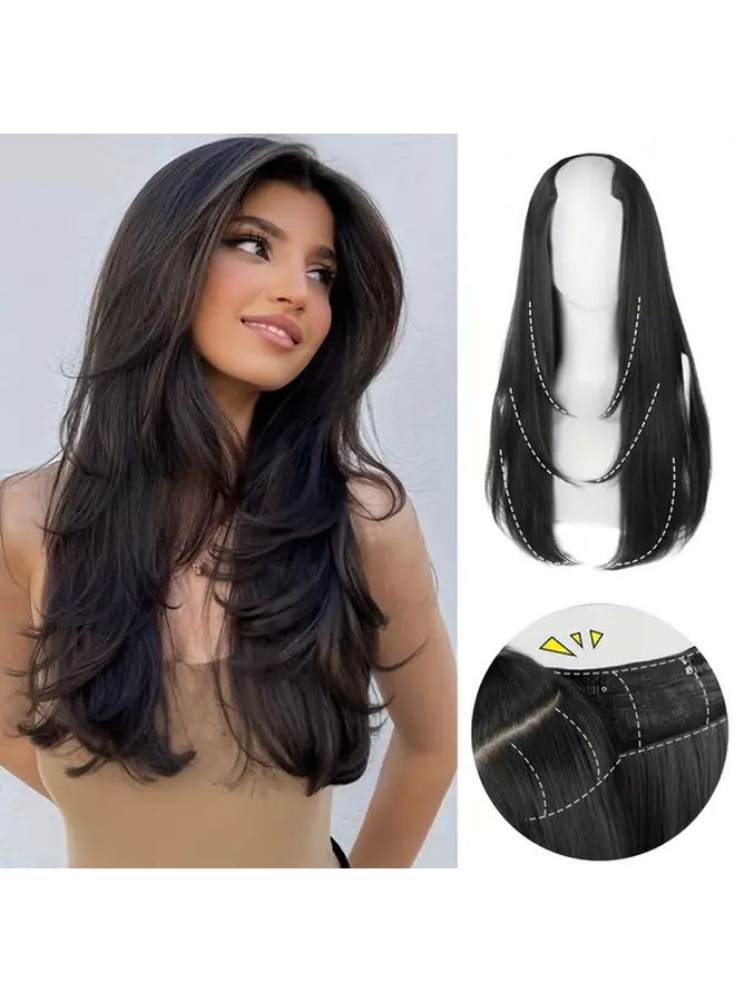 Deep Grey V Shaped Layered Long Hair Extension For Women Adds Volume Fullness 22inch - Image 1