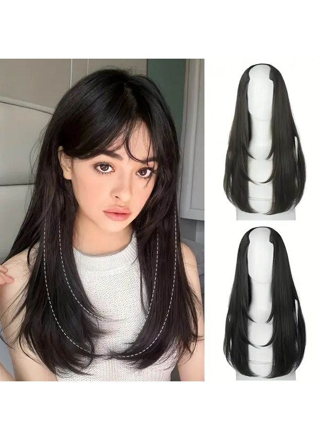 Deep Grey V Shaped Layered Long Hair Extension For Women Adds Volume Fullness 22inch - Image 2
