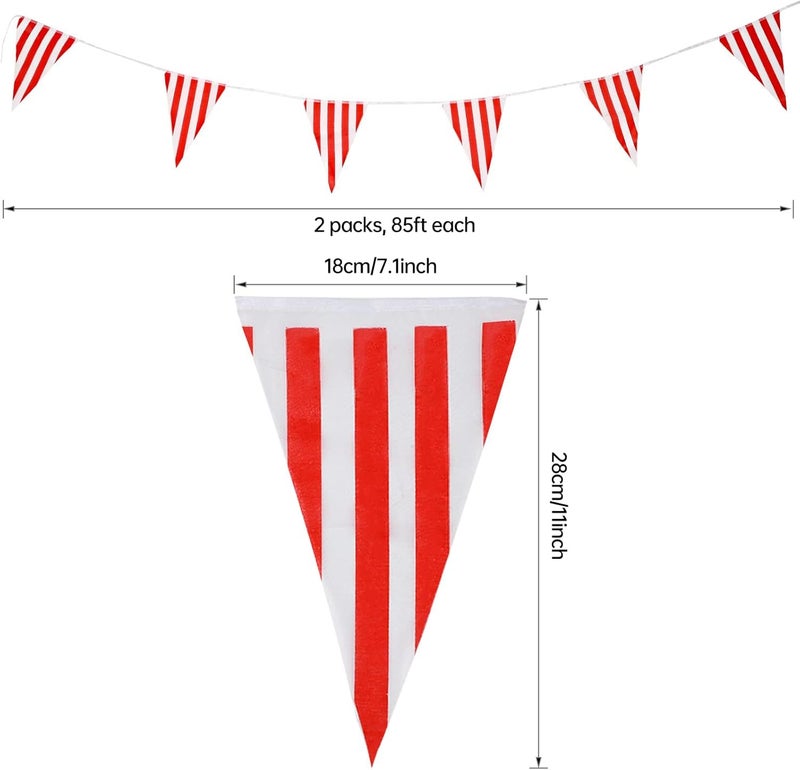 RUBFAC 170ft 120pcs Red and White Striped Pennant Banner, Carnival Circus Decorations Supplies, String Triangle Bunting Flags, Kids Birthday, New Year Eve Celebration Supplies - Image 2