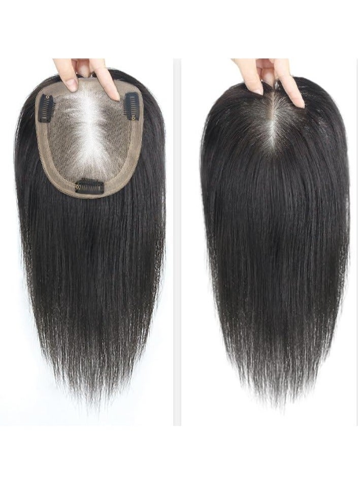 إستيل أغطية شعر بشري ذات قاعدة حريرية، مشابك في قطع الشعر، غطاء مستقيم لتساقط الشعر الأبيض للنساء، شعر ريمي أسود (طول الشعر 30 سم، الجزء العلوي الأسود الطبيعي 16 × 18) - Image 3