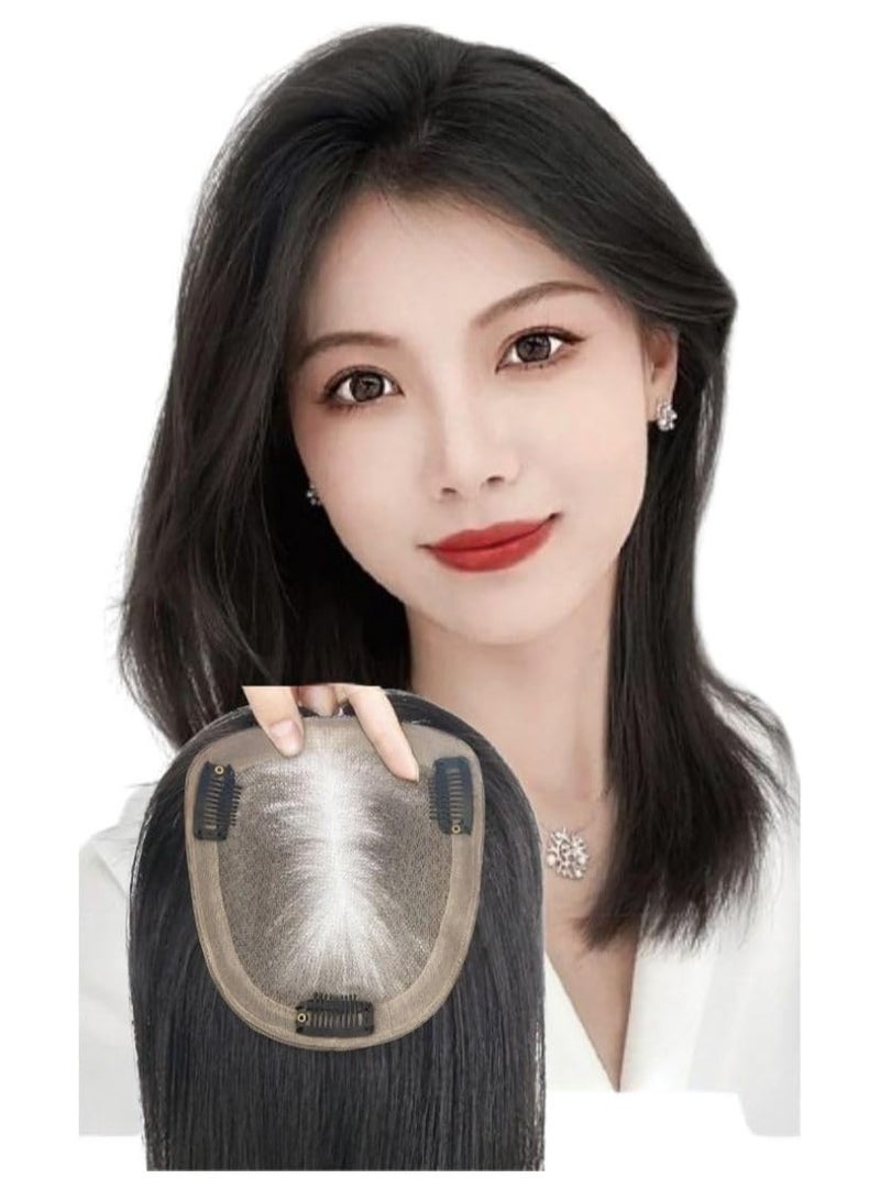 إستيل أغطية شعر بشري ذات قاعدة حريرية، مشابك في قطع الشعر، غطاء مستقيم لتساقط الشعر الأبيض للنساء، شعر ريمي أسود (طول الشعر 30 سم، الجزء العلوي الأسود الطبيعي 16 × 18) - Image 1