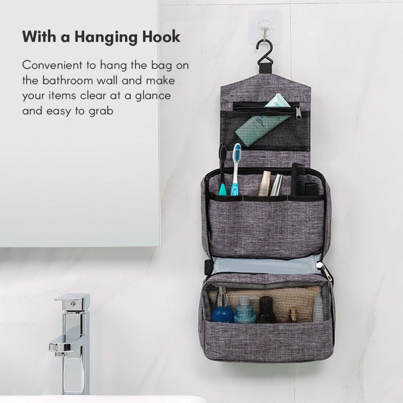 Hanging Travel Toiletry Bag - Large Capacity Water-resistant Grey Makeup Organizer with 3 Separate Storage Areas for Women Travel, Business Trip, Gym Shower - Image 5