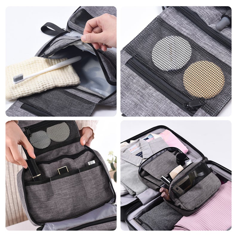 Hanging Travel Toiletry Bag - Large Capacity Water-resistant Grey Makeup Organizer with 3 Separate Storage Areas for Women Travel, Business Trip, Gym Shower - Image 4