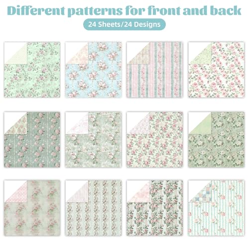 Ethanberg 12x12 Inch Scrapbook Paper Pink and Green Floral Pattern, 24 Sheets/24 Designs Double-Sided Print Craft Papers, Scrapbook Specialty Decorative Paper for DIY Album Decoupage Card Making Scrapbooking - Image 3
