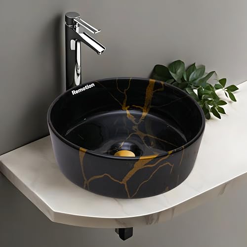 REMOTION Round Countertop Wash Basin For Bathroom | Tabletop Ceramic Bathroom Sink | Wash Basin Over Counter | Wash Basin For Living Room, Resturent (12.5 x 12.5 x 5 Inch) (Black Gold Jelly) - Image 1