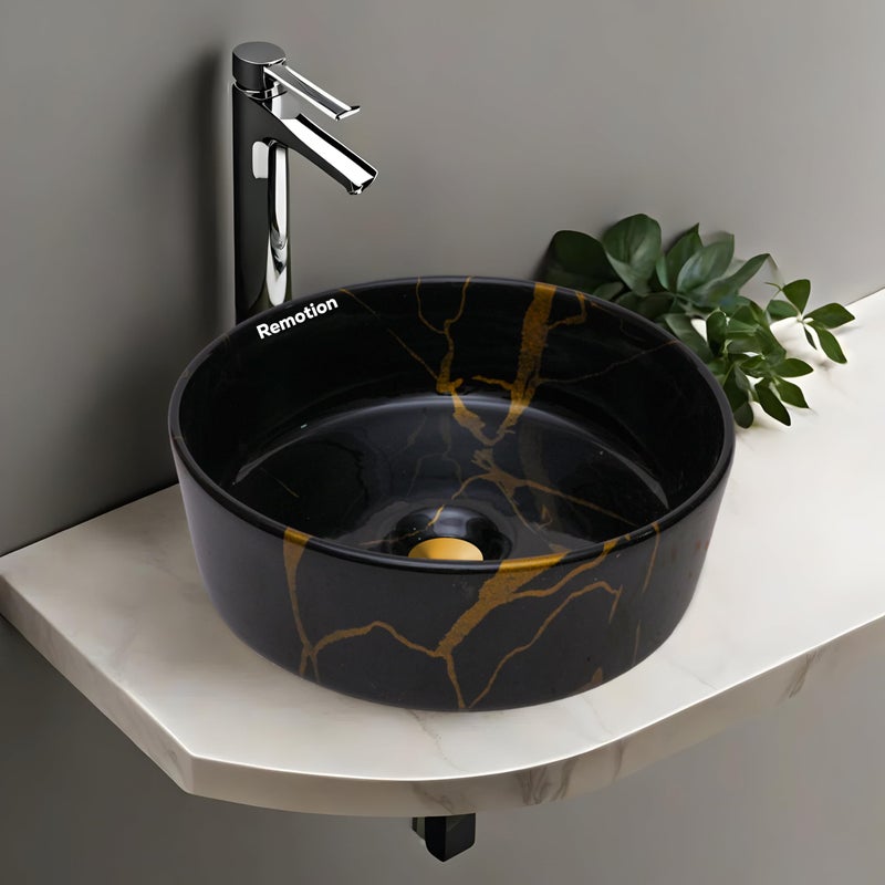 REMOTION Round Countertop Wash Basin For Bathroom | Tabletop Ceramic Bathroom Sink | Wash Basin Over Counter | Wash Basin For Living Room, Resturent (12.5 x 12.5 x 5 Inch) (Black Gold Jelly) - Image 3