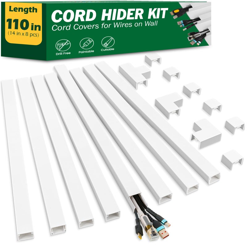 AZEN Cord Hider Kit, 110in Cord Covers for Wires on Wall, Paintable Wire Covers for Cords on Wall, Self-Adhesive Cable Hider Cord Organizer, Wire Hiders, 8X L14in X W0.96in x H0.57in - Image 1