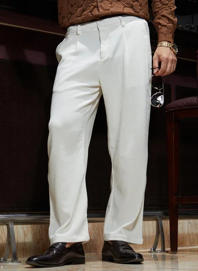Campus Sutra Men's Cream White Waffle-Pleated Straight Trousers