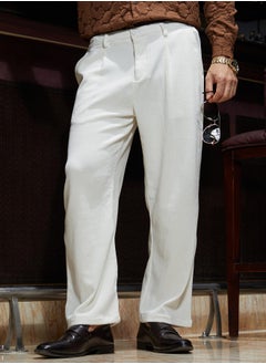 Campus Sutra Men's Cream White Waffle-Pleated Straight Trousers  - Image 1