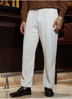 Campus Sutra Men's Cream White Waffle-Pleated Straight Trousers  - Image 3