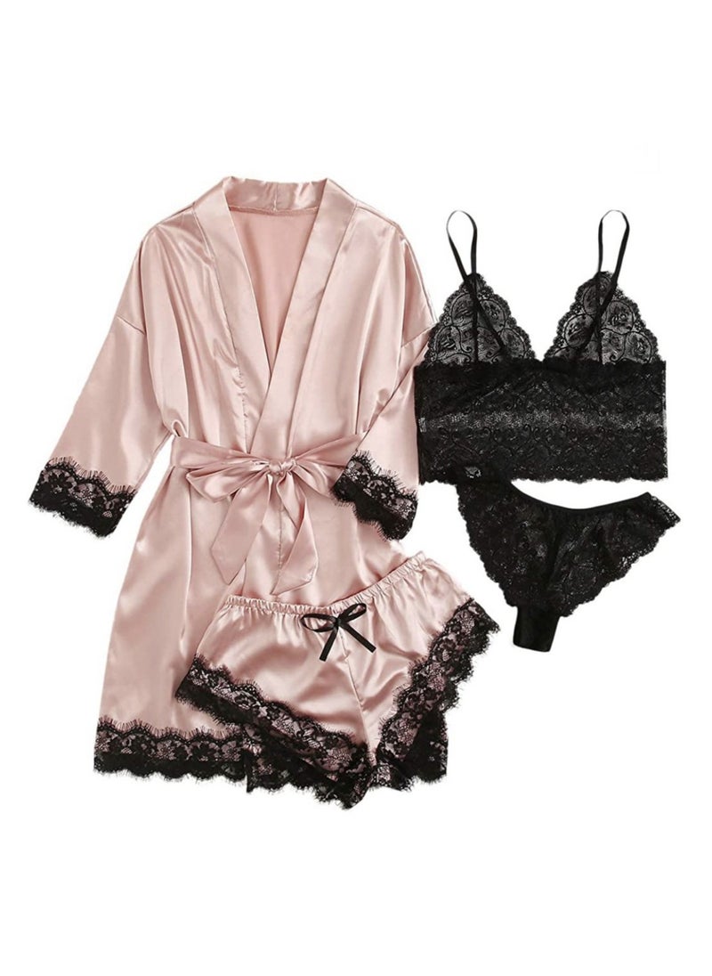 RedMapleTEK - Women's Pink Satin Pajama Set 4-Piece Floral Lace Suspender Lingerie Nightgown with Robe - Image 1