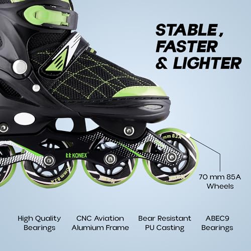 Konex 4 Wheel Inline Skates for Kids | Adjustable PU Wheels, Durable Aluminium Frame & Anti-Shock Support | Comfortable Indoor & Outdoor Skating Shoes (Size M 32-34) Green - Image 4