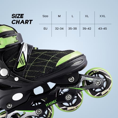 Konex 4 Wheel Inline Skates for Kids | Adjustable PU Wheels, Durable Aluminium Frame & Anti-Shock Support | Comfortable Indoor & Outdoor Skating Shoes (Size M 32-34) Green - Image 2