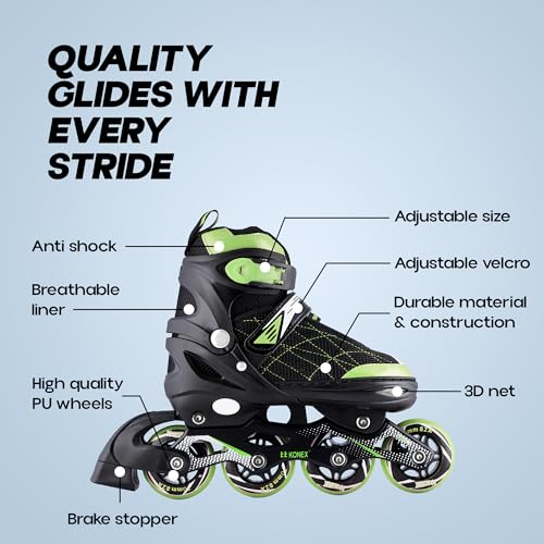 Konex 4 Wheel Inline Skates for Kids | Adjustable PU Wheels, Durable Aluminium Frame & Anti-Shock Support | Comfortable Indoor & Outdoor Skating Shoes (Size M 32-34) Green - Image 3