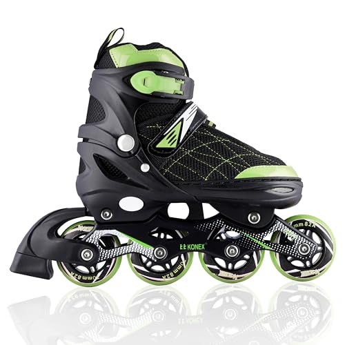 Konex 4 Wheel Inline Skates for Kids | Adjustable PU Wheels, Durable Aluminium Frame & Anti-Shock Support | Comfortable Indoor & Outdoor Skating Shoes (Size M 32-34) Green - Image 1