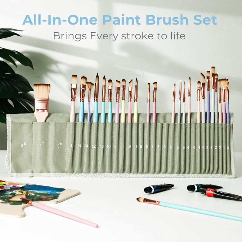 Nicpro 30pcs Paint Brush Set, Aesthetic Pastel Paintbrushes with Paint Spatula and Cloth Roll, Craft Paint Brushes for Acrylic Painting Oil Watercolor Gouache, Art Supplies for Women Artists Beginners - Image 2