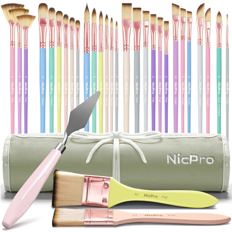 Nicpro 30pcs Paint Brush Set, Aesthetic Pastel Paintbrushes with Paint Spatula and Cloth Roll, Craft Paint Brushes for Acrylic Painting Oil Watercolor Gouache, Art Supplies for Women Artists Beginners - Image 1