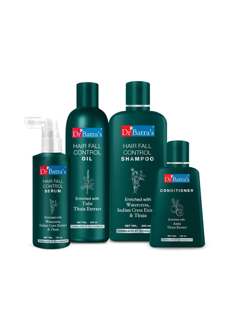 Dr Batra's Hair Fall Control Serum 125 ml Conditioner 100 ml Hair Fall Control Oil 200 ml and Hair Fall Control Shampoo 200 ml Combo kit Enriched with Thuja Henna Pack of 4 - Image 1