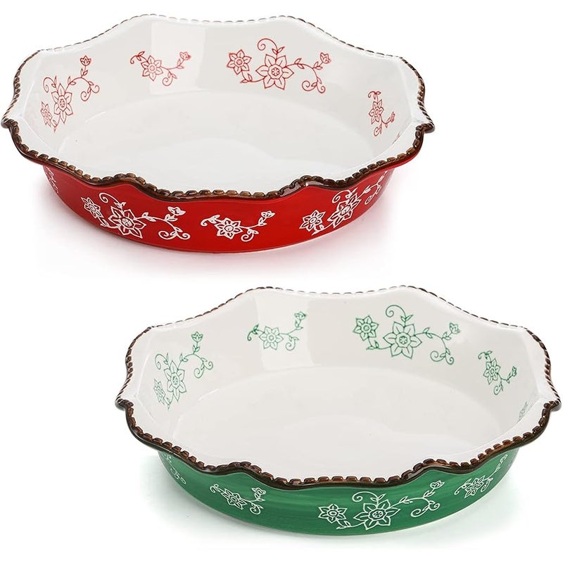 Cedilis Set of 2 Ceramic Pie Pan for Baking, 9 Inches Pie Plate, 47 Ounce Deep Dish Pie Pan, Round Baking Dish for Apple Pie, Pumpkin Pie, Red and Green - Image 1