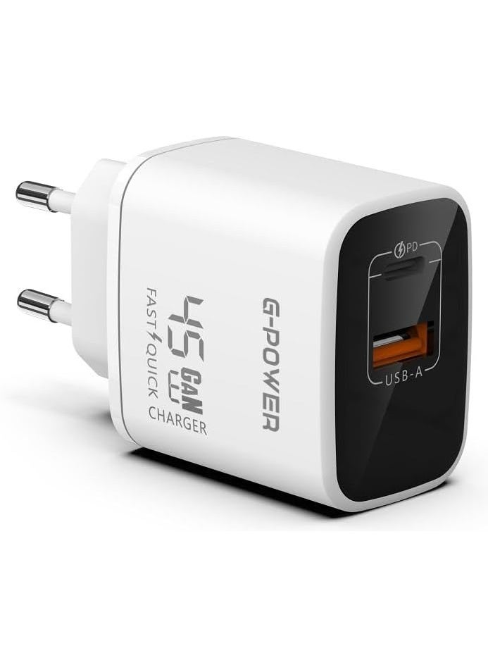 جي باور شاحن جي-باور GP-C13 بقوة 45 واط بمنفذي USB (USB-A وUSB-C) يدعم تقنية الشحن السريع كوالكوم 3.0، متوافق مع أجهزة ماك بوك برو، وآيباد، وجالاكسي، وبيكسل، وآيفون، وغيرها - أبيض - Image 1