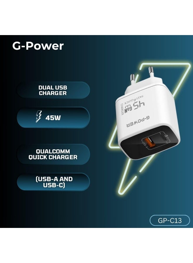 جي باور شاحن جي-باور GP-C13 بقوة 45 واط بمنفذي USB (USB-A وUSB-C) يدعم تقنية الشحن السريع كوالكوم 3.0، متوافق مع أجهزة ماك بوك برو، وآيباد، وجالاكسي، وبيكسل، وآيفون، وغيرها - أبيض - Image 2