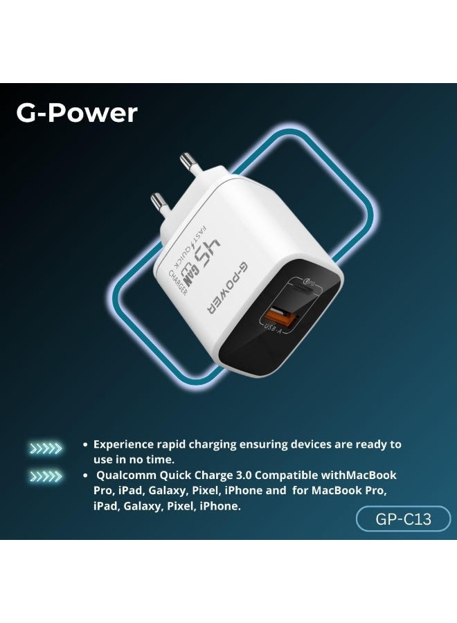جي باور شاحن جي-باور GP-C13 بقوة 45 واط بمنفذي USB (USB-A وUSB-C) يدعم تقنية الشحن السريع كوالكوم 3.0، متوافق مع أجهزة ماك بوك برو، وآيباد، وجالاكسي، وبيكسل، وآيفون، وغيرها - أبيض - Image 3