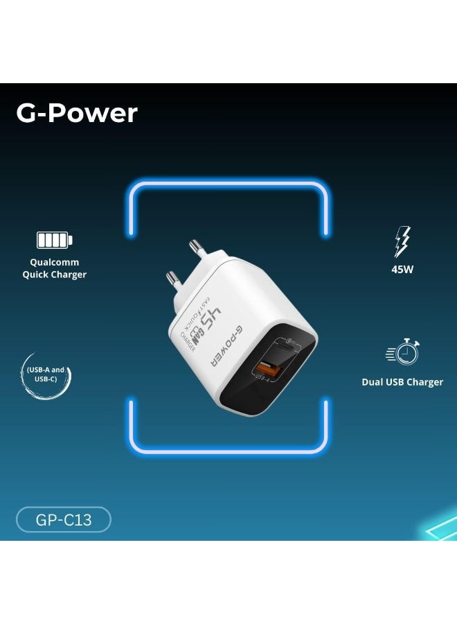 جي باور شاحن جي-باور GP-C13 بقوة 45 واط بمنفذي USB (USB-A وUSB-C) يدعم تقنية الشحن السريع كوالكوم 3.0، متوافق مع أجهزة ماك بوك برو، وآيباد، وجالاكسي، وبيكسل، وآيفون، وغيرها - أبيض - Image 4