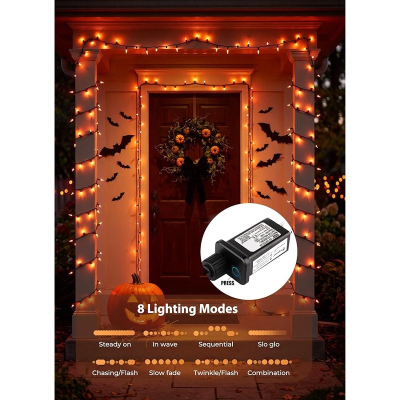 برايتاون مصابيح LED برتقالية خارجية للهالوين، ديكورات الهالوين، 39 قدم 100 مصباح LED صغير مع 8 اوضاع اضاءة، شريط اضاءة قابل للتوصيل للحديقة والفناء والحفلات والمنزل المسكون وديكور العطلات - Image 2