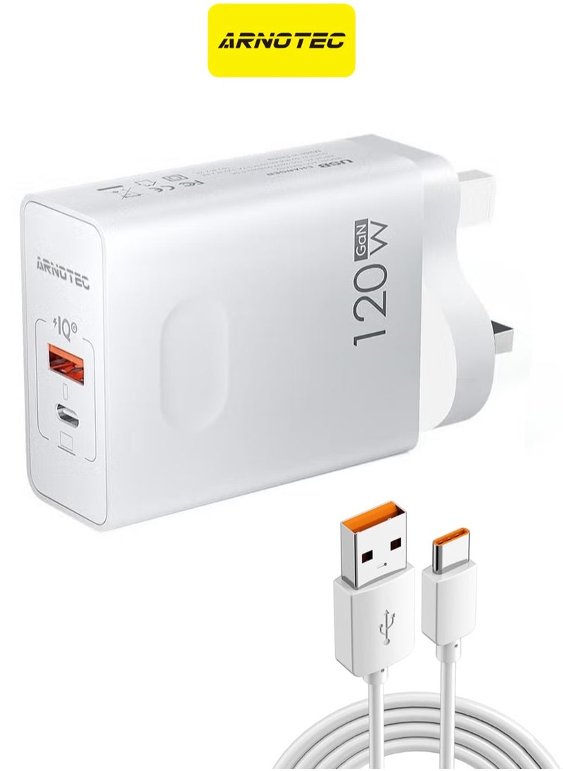 ARNOTEC - 120W(MAX) 65W GaN Charger, Dual Port Fast Charger with 33W Single Port Output, USB-C + USB-A Super Fast Charging Adapter, UK Plug for Laptop, Tablet, and Mobile Phones - Image 1