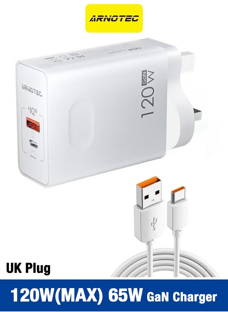 120W(MAX) 65W GaN Charger, Dual Port Fast Charger with 33W Single Port Output, USB-C + USB-A Super Fast Charging Adapter, UK Plug for Laptop, Tablet, and Mobile Phones