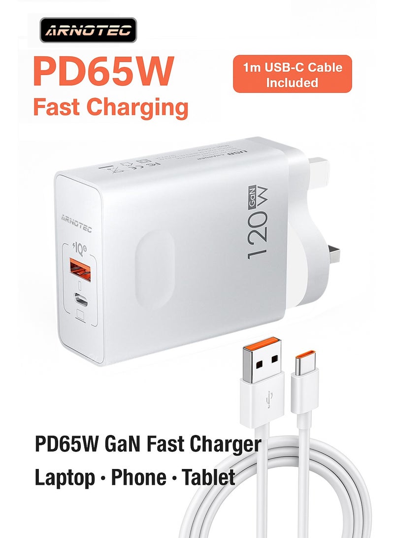 ARNOTEC 120W(Max) GaN Fast Charger, Dual-Port USB-C + USB-A Adapter, PD65W Single-Port Output, QC5.0 Fast Charging, Compact UK Plug for Laptop, Tablet & Smartphone - Image 1