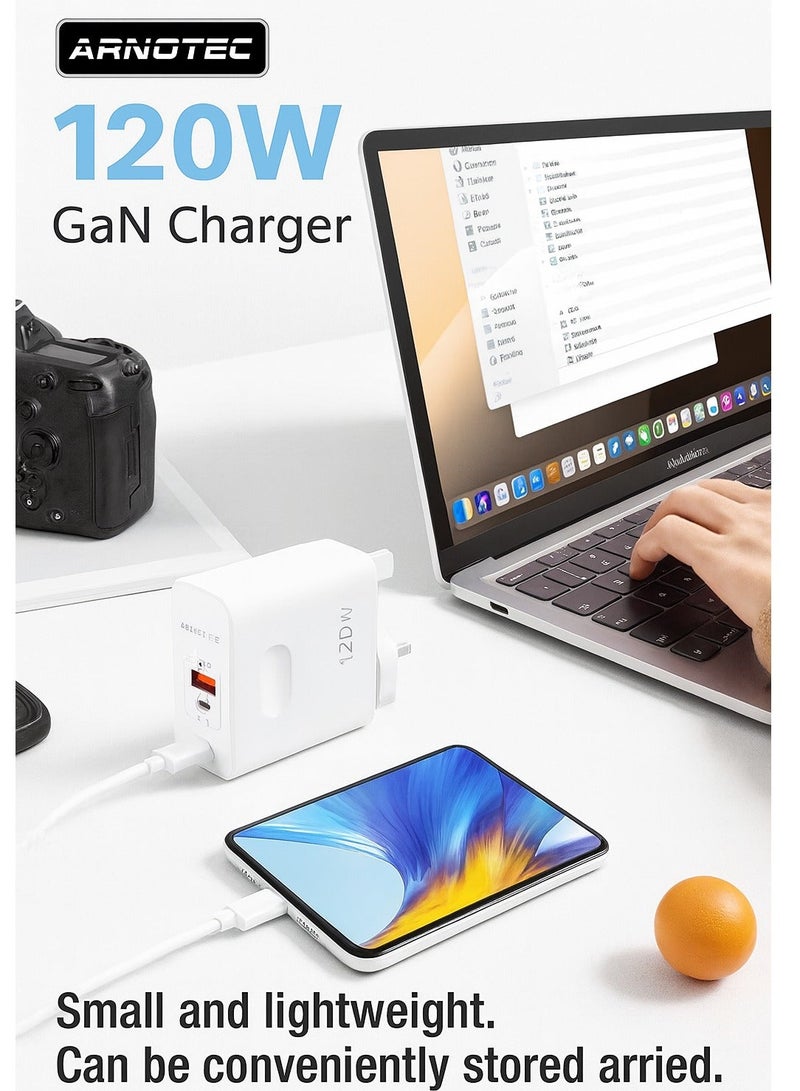 ARNOTEC 120W(Max) GaN Fast Charger, Dual-Port USB-C + USB-A Adapter, PD65W Single-Port Output, QC5.0 Fast Charging, Compact UK Plug for Laptop, Tablet & Smartphone - Image 4