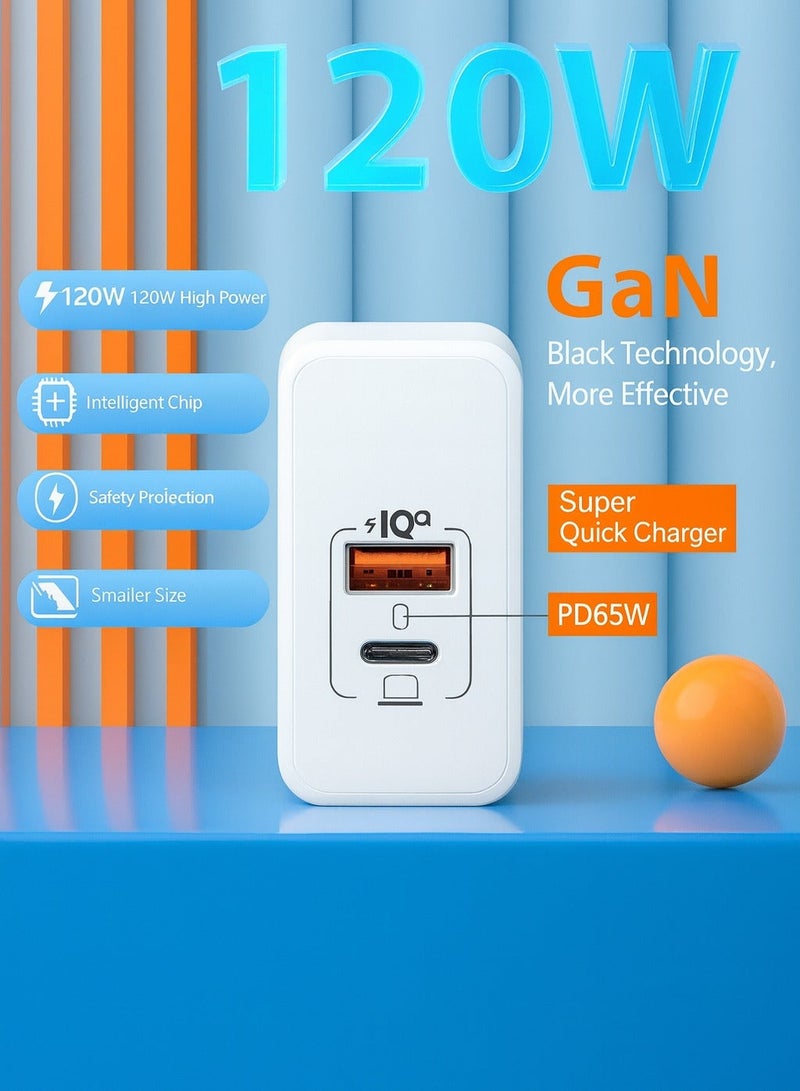 ARNOTEC 120W(Max) GaN Fast Charger, Dual-Port USB-C + USB-A Adapter, PD65W Single-Port Output, QC5.0 Fast Charging, Compact UK Plug for Laptop, Tablet & Smartphone - Image 3