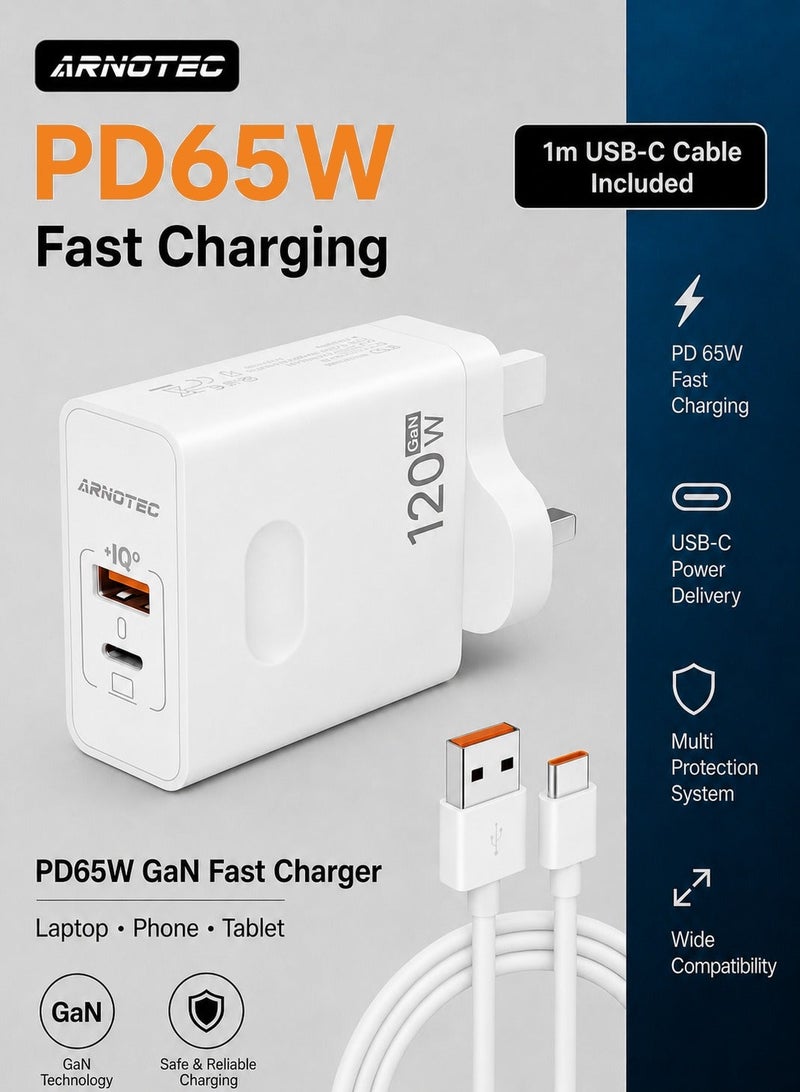 ARNOTEC شاحن USB Type C GaN بقوة 120 وات (كحد أقصى) بمنفذين للشحن السريع QC3.0 USB C للشحن السريع بقوة 65 وات لأجهزة الكمبيوتر المحمولة من سامسونج - Image 1