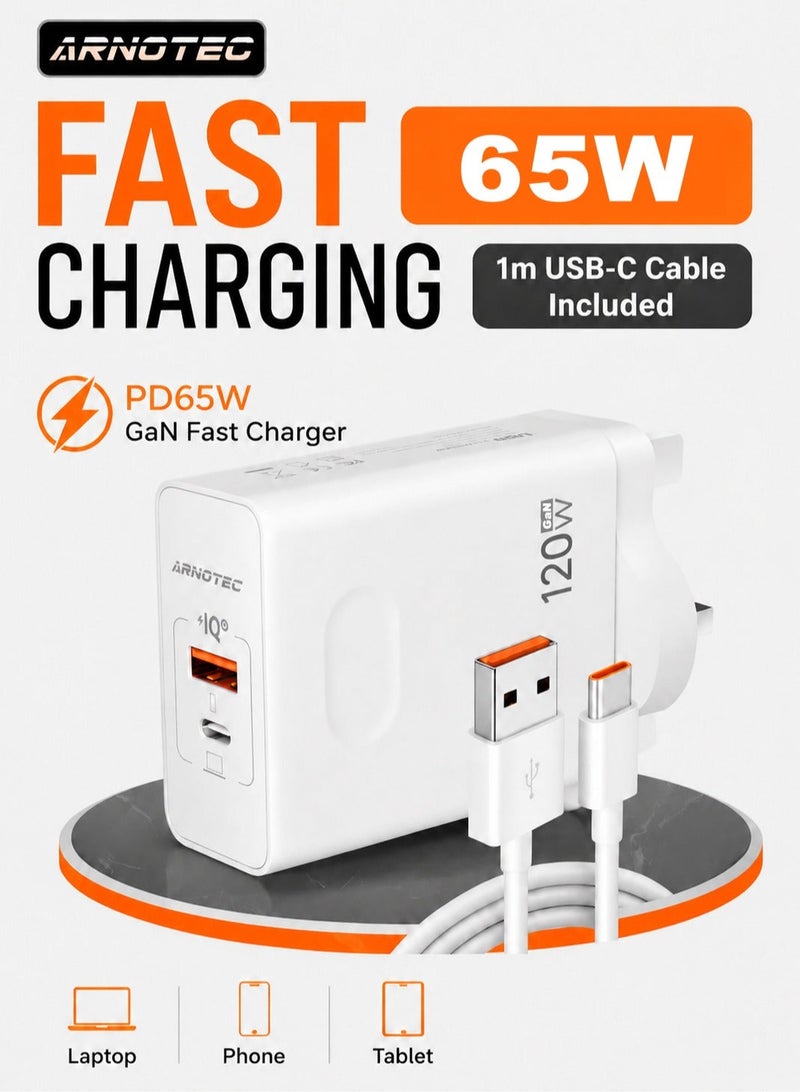 ARNOTEC شاحن USB Type C GaN بقوة 120 وات (كحد أقصى) بمنفذين للشحن السريع QC3.0 USB C للشحن السريع بقوة 65 وات لأجهزة الكمبيوتر المحمولة من سامسونج - Image 2