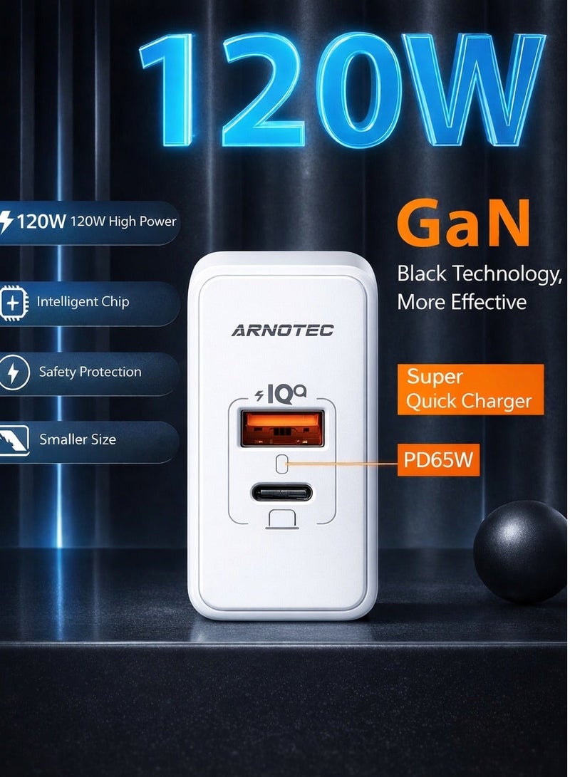 ARNOTEC شاحن USB Type C GaN بقوة 120 وات (كحد أقصى) بمنفذين للشحن السريع QC3.0 USB C للشحن السريع بقوة 65 وات لأجهزة الكمبيوتر المحمولة من سامسونج - Image 4