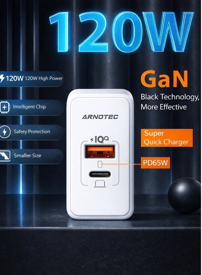 ARNOTEC شاحن USB Type C GaN بقوة 120 وات (كحد أقصى) بمنفذين للشحن السريع QC3.0 USB C للشحن السريع بقوة 65 وات لأجهزة الكمبيوتر المحمولة من سامسونج - Image 4