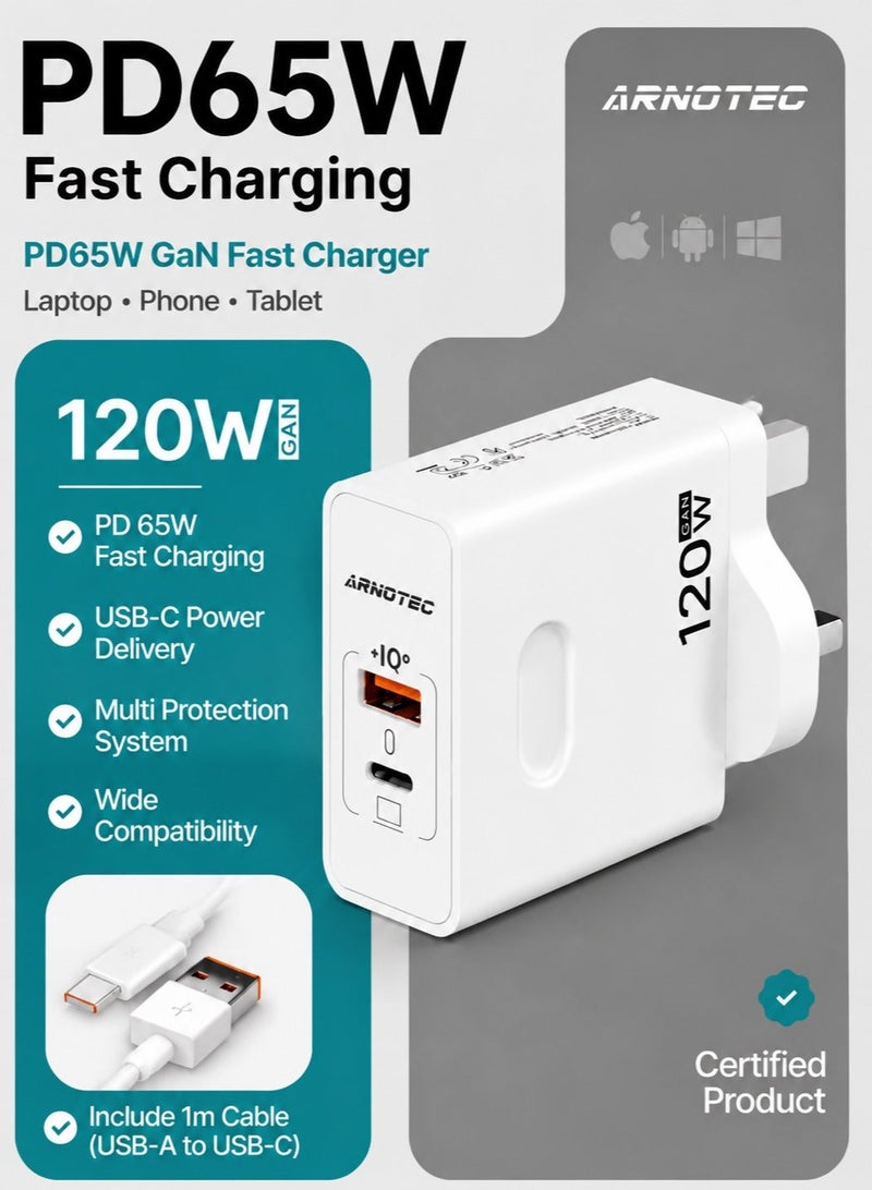 ARNOTEC شاحن USB Type C GaN بقوة 120 وات (كحد أقصى) بمنفذين للشحن السريع QC3.0 USB C للشحن السريع بقوة 65 وات لأجهزة الكمبيوتر المحمولة من سامسونج - Image 1