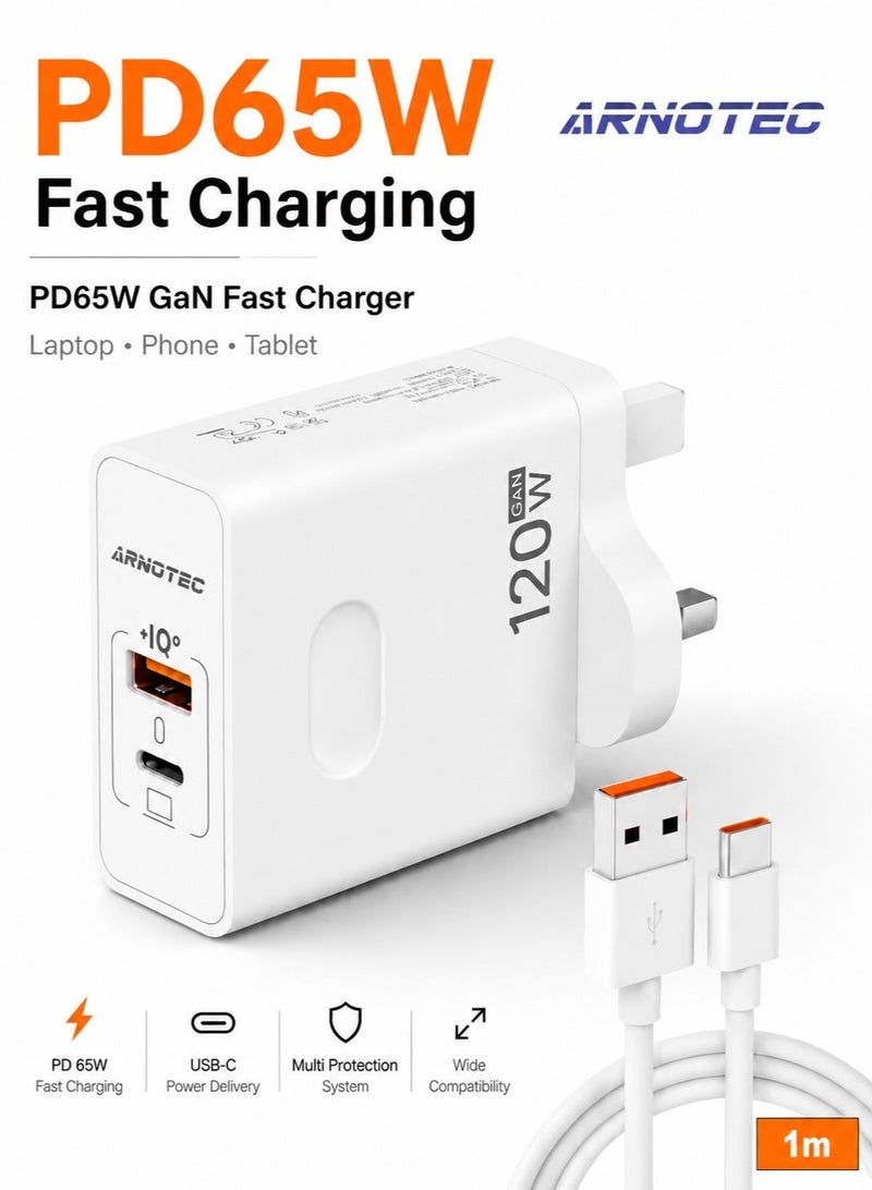 ARNOTEC شاحن USB Type C GaN بقوة 120 وات (كحد أقصى) بمنفذين للشحن السريع QC3.0 USB C للشحن السريع بقوة 65 وات لأجهزة الكمبيوتر المحمولة من سامسونج - Image 2