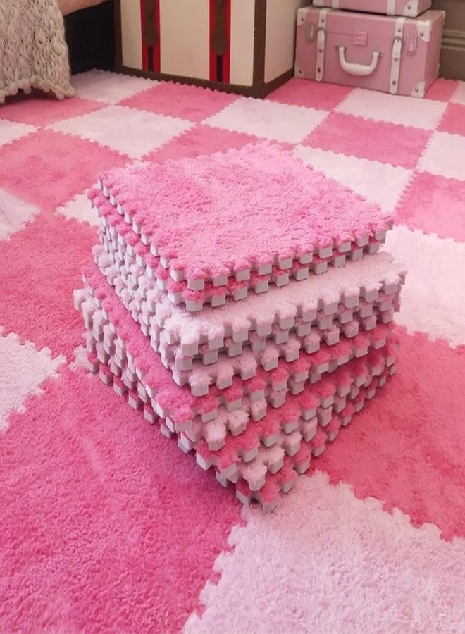 Typutomi 12pcs Plush Puzzle Foam Floor Mat, Soft Thicken Fluffy Interlocking Square Foam Tiles Area Rugs Carpet for Parlor Bedroom Decoration(11.8x11.8x0.55in,Rose Red&Pink) - Image 1