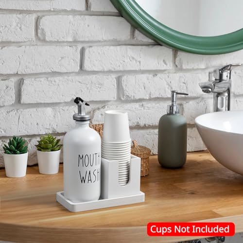 Bivvclaz Glass Mouthwash Dispenser for Bathroom 16 OZ Mouthwash Dispenser with Pour Spout and Wood Cup Holder and Tray Mouth Wash Bottle Container Farmhouse Kitchen Bathroom Decor and Accessories White - Image 3