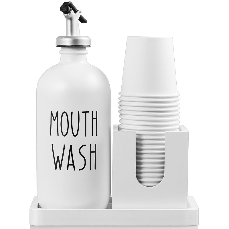 Bivvclaz Glass Mouthwash Dispenser for Bathroom 16 OZ Mouthwash Dispenser with Pour Spout and Wood Cup Holder and Tray Mouth Wash Bottle Container Farmhouse Kitchen Bathroom Decor and Accessories White - Image 2