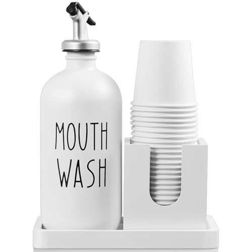 Bivvclaz Glass Mouthwash Dispenser for Bathroom 16 OZ Mouthwash Dispenser with Pour Spout and Wood Cup Holder and Tray Mouth Wash Bottle Container Farmhouse Kitchen Bathroom Decor and Accessories White - Image 1