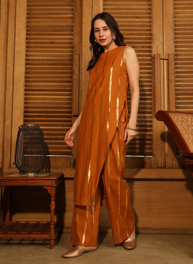 QISSA Women's Marigold Orange Metallic Striped Kurta Set For Casual Wear | Round Neck | Sleeveless | 2 Piece Kurta Set Designed With Comfort Fit For Everyday Ethnic Wear - Image 2